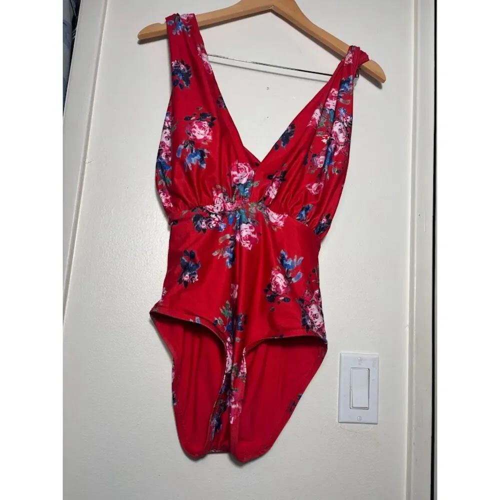 ModCloth The Lauren Red One-Piece Swimsuit sz Large Small Floral Plunging - Picture 3 of 5